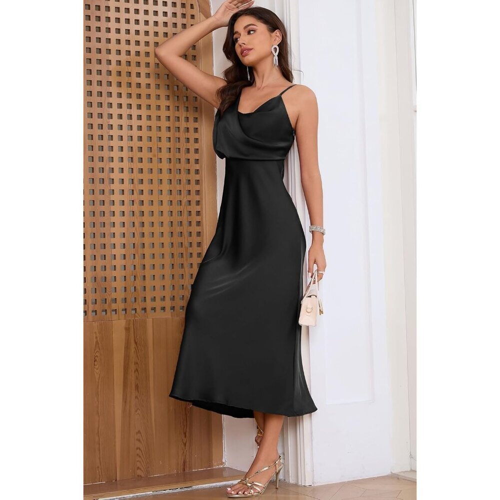 Women's Ab Black Elegant Cowl Neck Adjustable Spaghetti Strap Maxi Dress - Picture 5 of 6